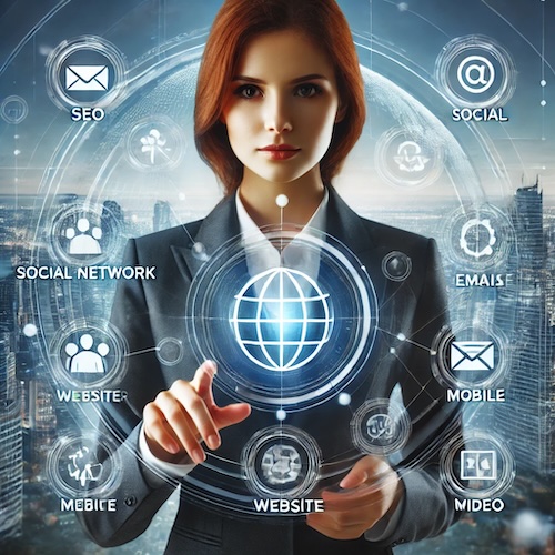 A-professional-businesswoman-in-a-suit-interacting-with-a-virtual-interface-showing-various-digital-marketing-elements-like-SEO-social-network-emai-2